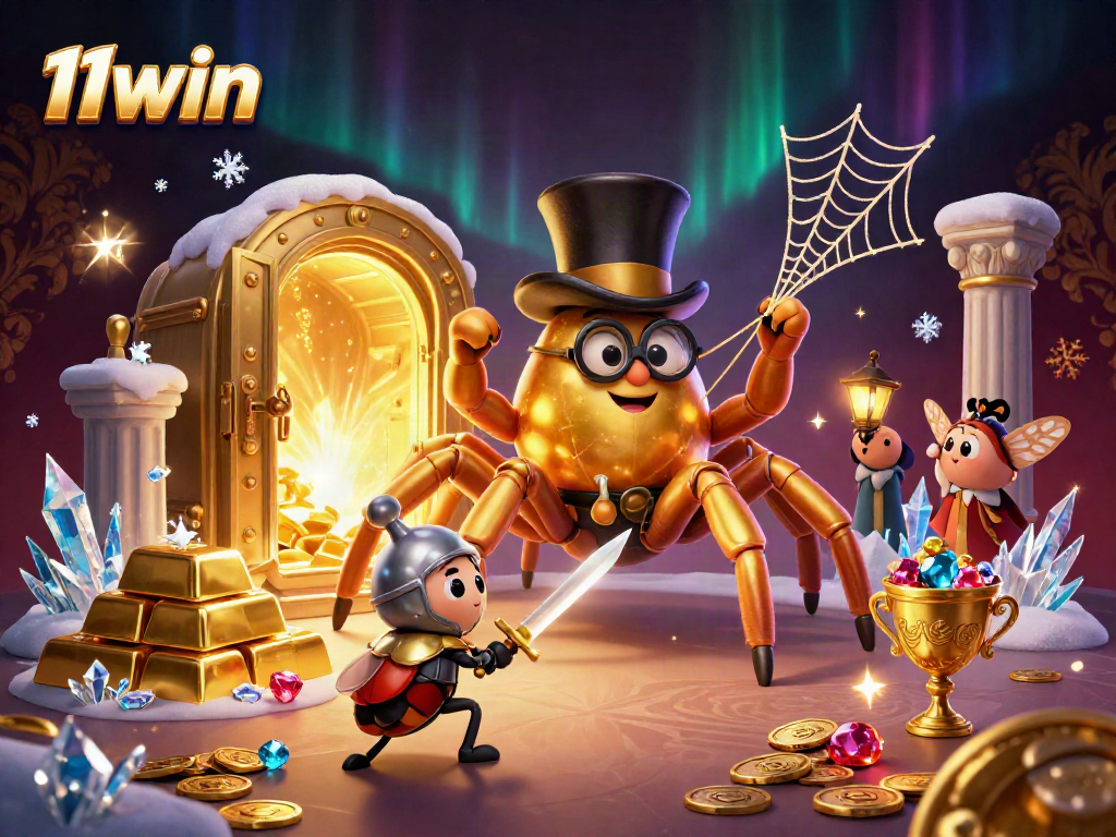 11win illustrates a giant golden tarantula and knight in a vibrant, action-packed casino scene.