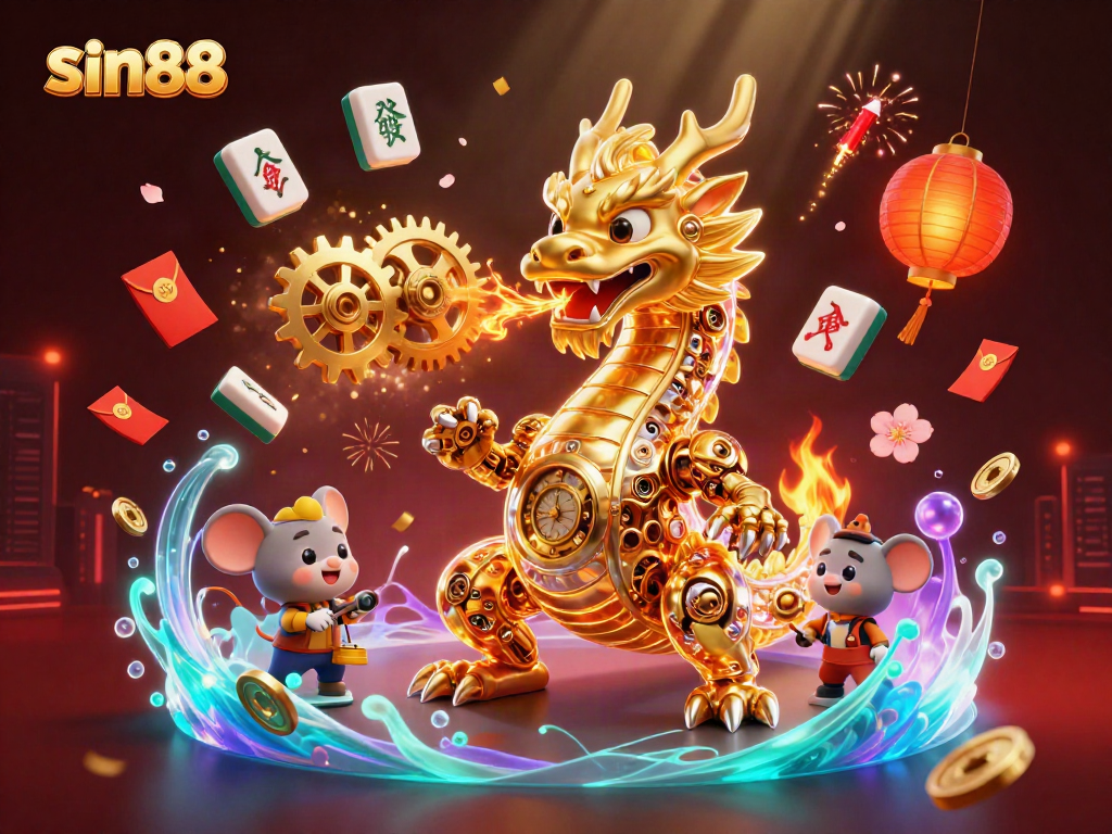 Experience sin88 with a vibrant casino scene featuring a golden dragon, symbols of luck, and glowing atmospherics.