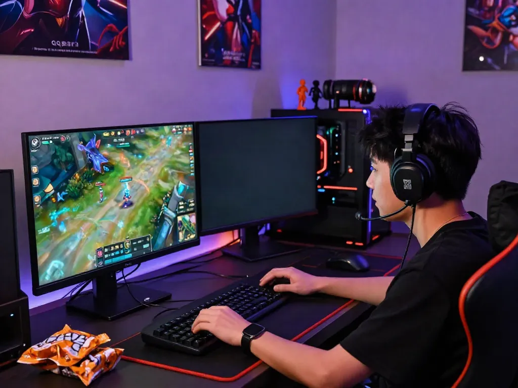 Engaged gamer playing qqmacan on a colorful setup with vibrant graphics and cool lighting.