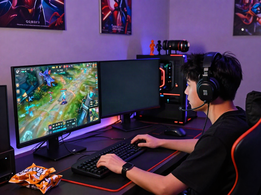 Engaged gamer playing qqmacan on a colorful setup with vibrant graphics and cool lighting.