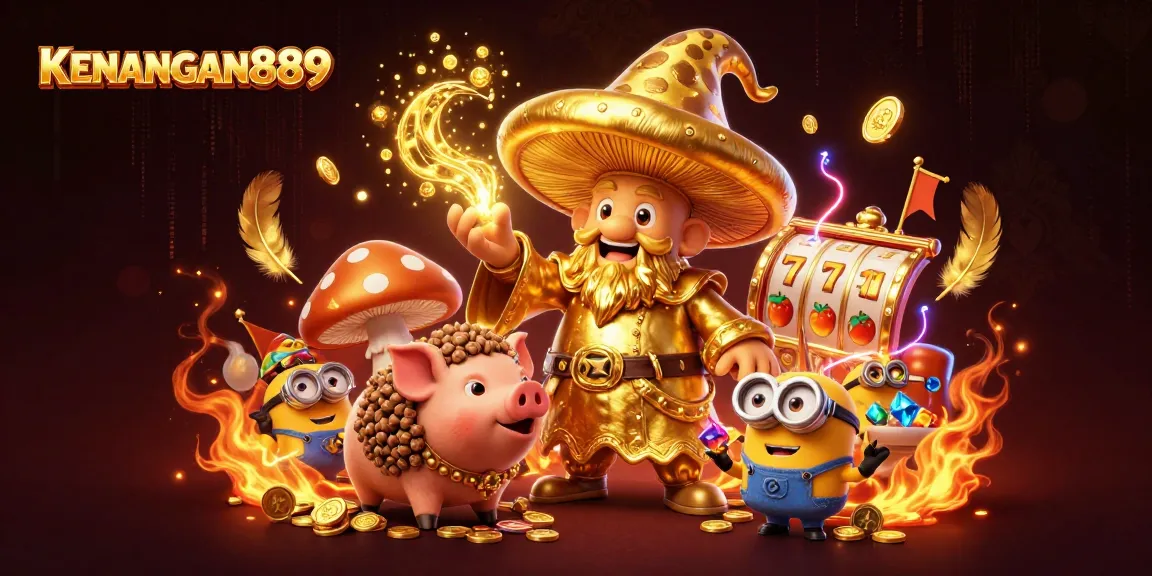 KENANGAN889 offers exciting jackpot opportunities with vibrant 3D casino characters bursting with gold.