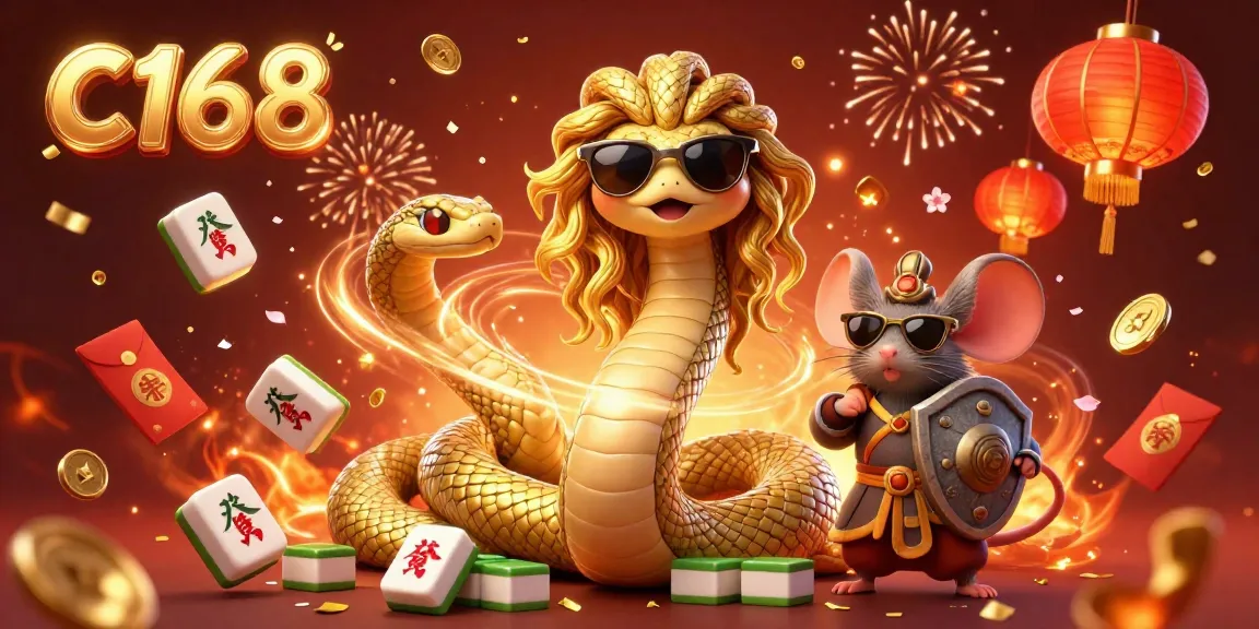 C168 players enjoying festive gaming with Medusa and a warrior mouse amidst colorful decorations.