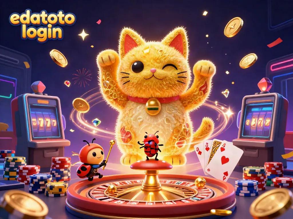 Experience a vibrant edatoto login scene with a giant lucky cat and dynamic casino elements.