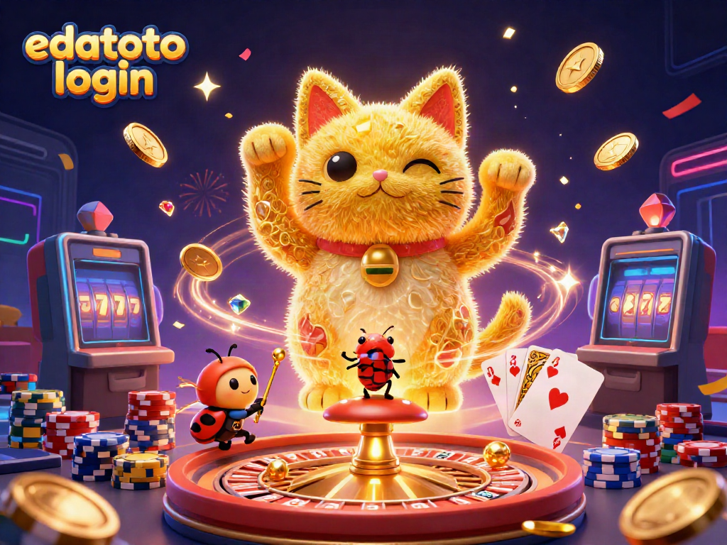 Experience a vibrant edatoto login scene with a giant lucky cat and dynamic casino elements.