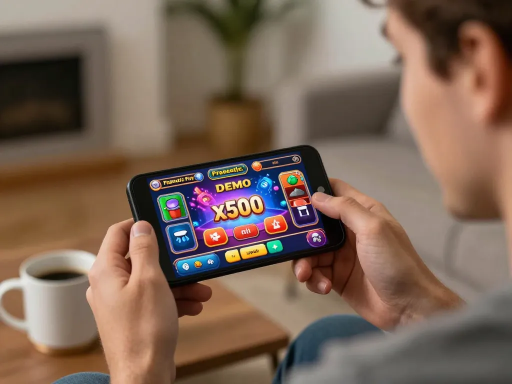 Engaging in Pragmatic Play Demo x500 on mobile device in a cozy home setup, showcasing vibrant graphics.