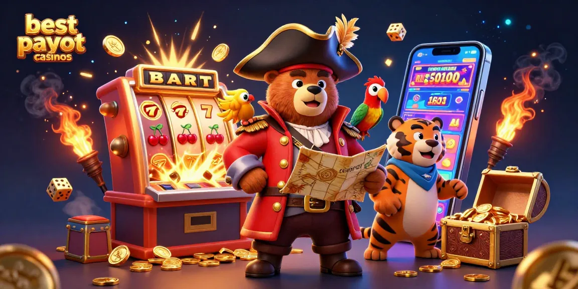 Experience the excitement at the best payout casinos with a 3D pirate bear and tiger in a vibrant casino scene.