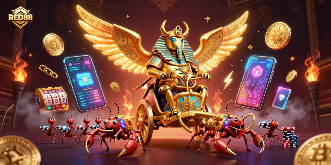 Play exciting games at RED88 with a stunning illustration of a golden scarab beetle and casino elements.