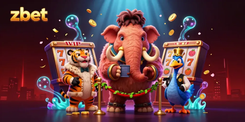 Zbet attracts players with a lively casino scene featuring a woolly mammoth bouncer and slot reels.