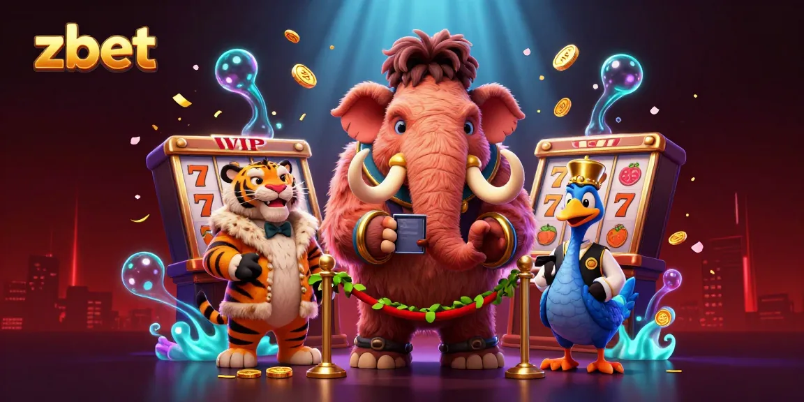 Zbet attracts players with a lively casino scene featuring a woolly mammoth bouncer and slot reels.
