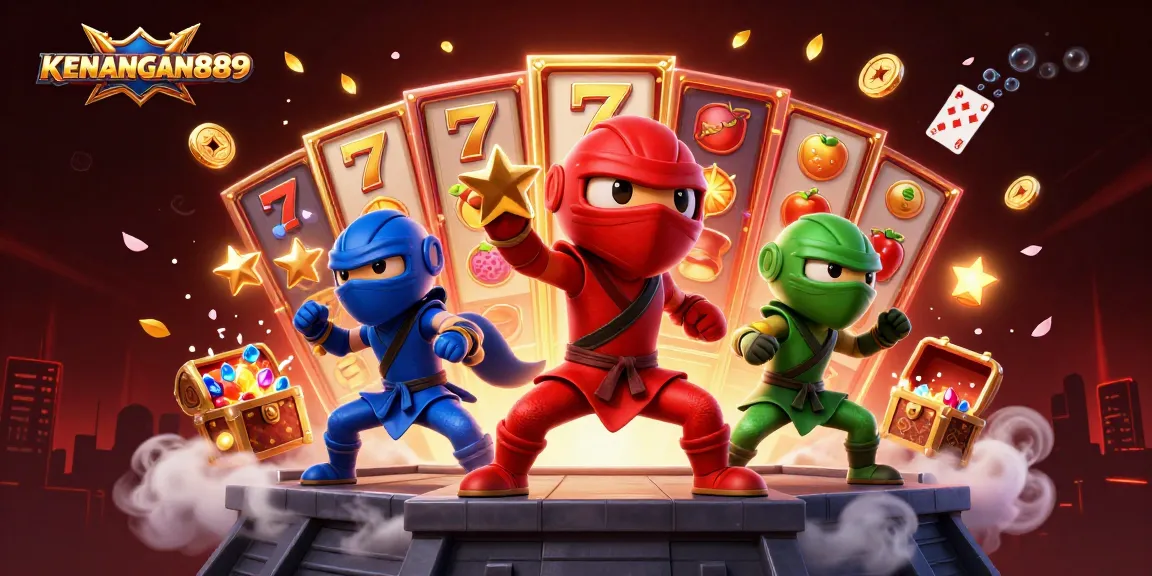 KENANGAN889 showcases a vibrant scene of chameleon ninjas amidst slot reels and treasures, emphasizing fun gambling.
