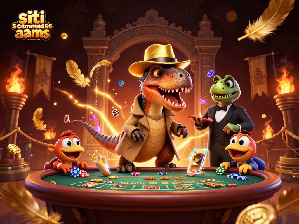 Esplora i siti scommesse non aams in un'illustrazione vivace con un velociraptor al tavolo da blackjack.