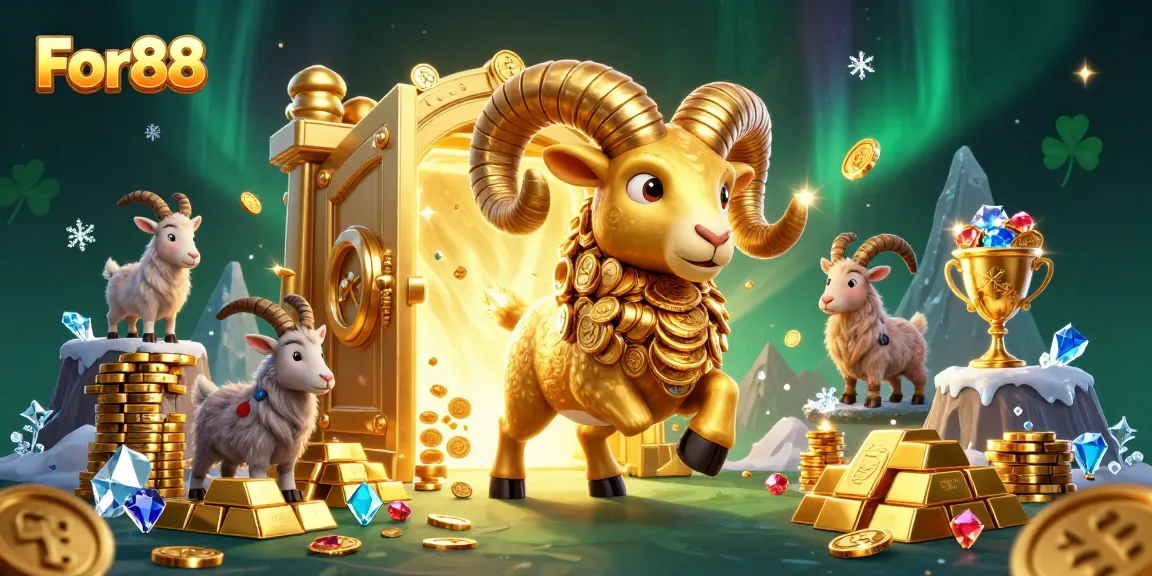 For88 presents an action-packed casino scene with a golden ram amidst treasure and vibrant game elements.