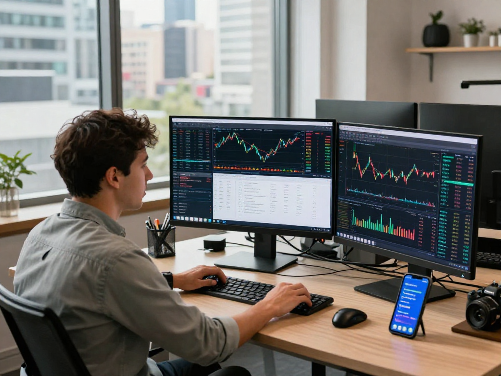 Operador utilizando Immediate Edge en una moderna oficina, con gráficos de criptomonedas en múltiples pantallas.