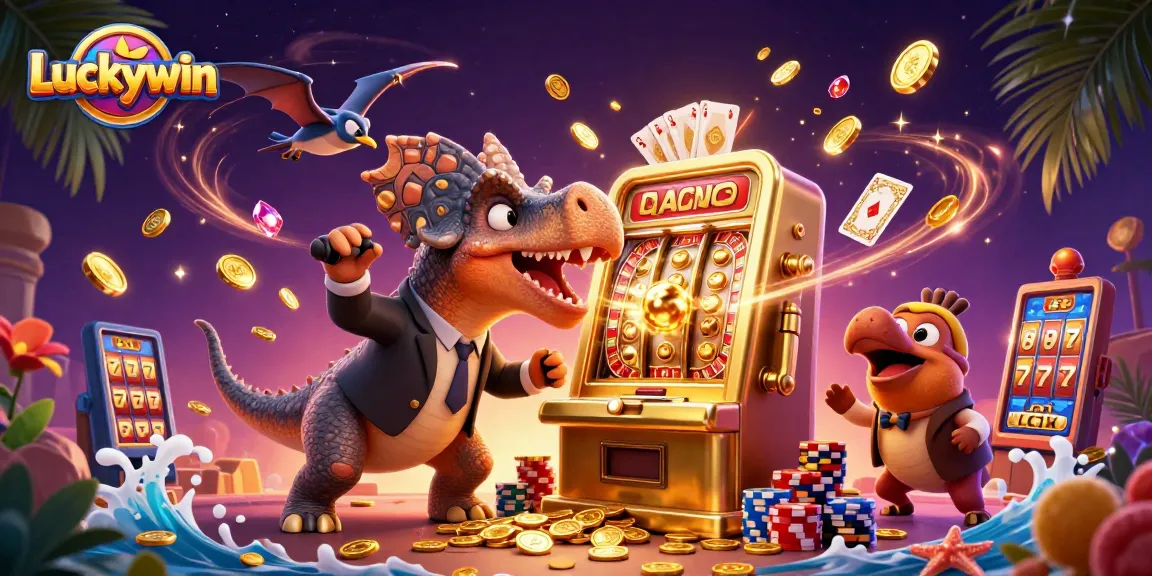 Luckywin's pachycephalosaurus interacts with a golden slot machine amidst a vibrant casino scene.