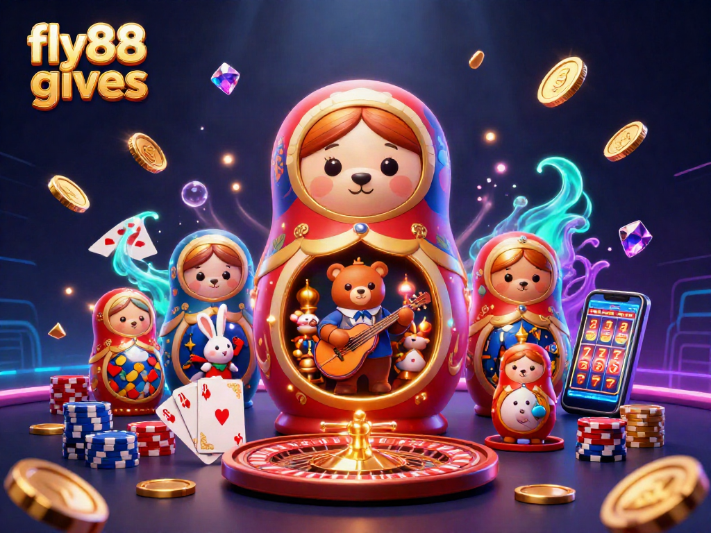 Experience excitement with fly88 gives as Matryoshka bears and casino elements illuminate the scene.