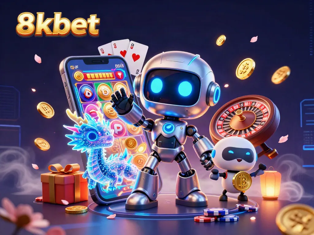 Experience the thrill of 8xbet with a vibrant, interactive gambling scene featuring robots, games, and bitcoin.