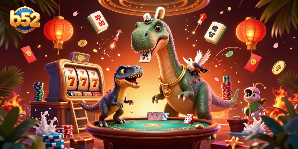 b52 casino scene with a towering brontosaurus, clever raptor dealer, and vibrant slot elements