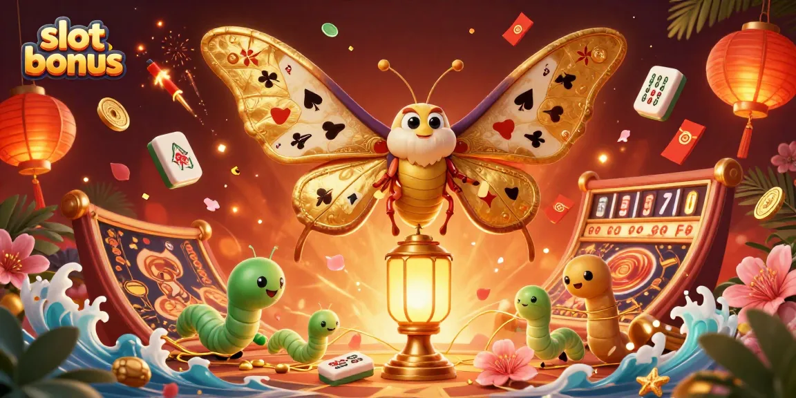 Experience the excitement of slot bonuses with vibrant casino elements and a stunning moth in this 3D illustration.