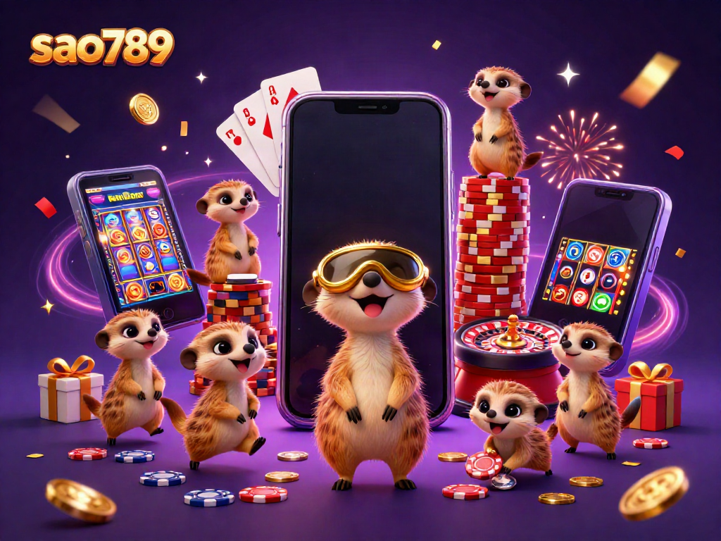 Suspend disbelief at sao789's vibrant casino world where meerkats operate games and spin slots with golden coins flying.