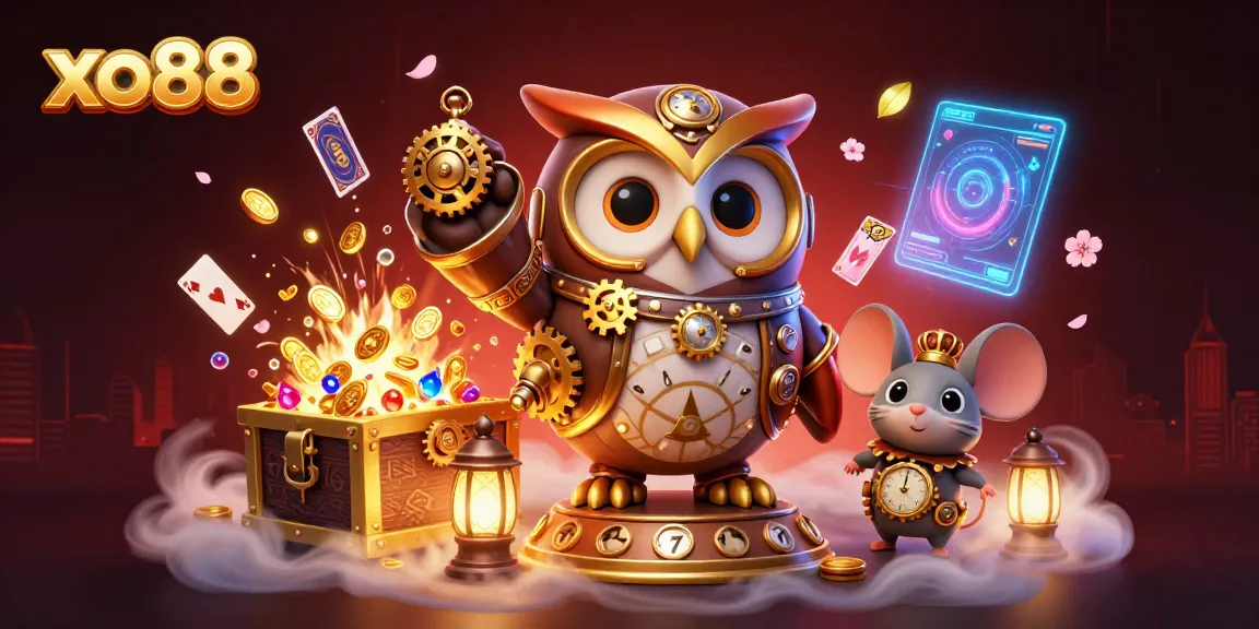 Experience the thrill of xo88 with a steampunk owl and exciting casino elements.