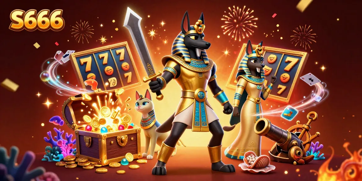 Experience the thrill of S666 with Anubis and Bastet amidst slots and treasures.