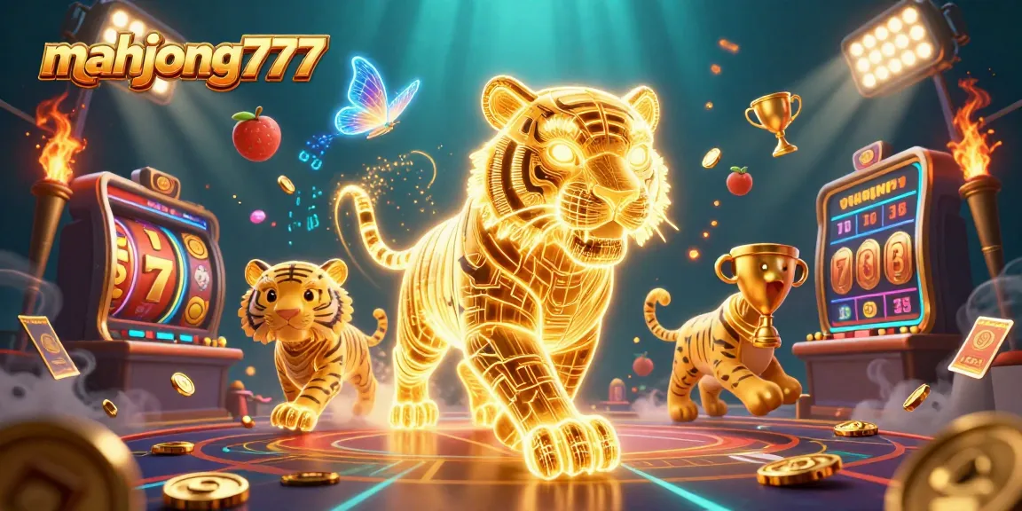 Experience mahjong777 excitement with vibrant 3D golden tiger in a dynamic casino scene.
