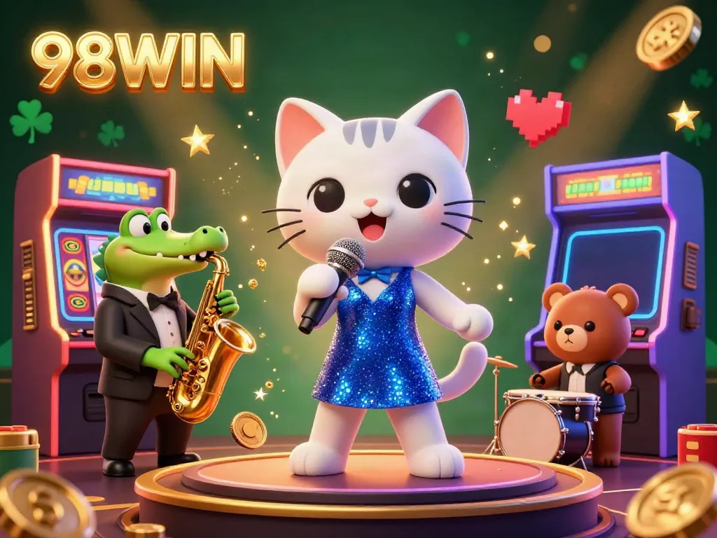 Enjoy gaming at 98WIN, featuring a vibrant casino atmosphere with unique characters and arcade games.