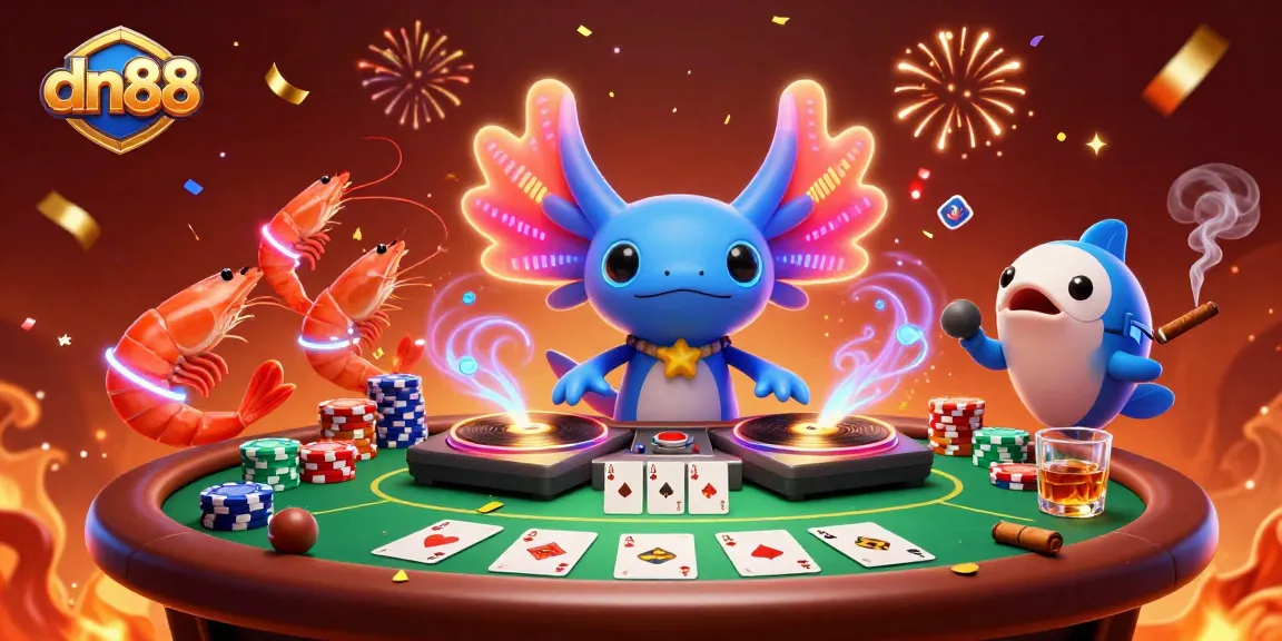 Experience the vibrant gaming action at dn88 with a lively underwater casino scene featuring characters and poker elements.
