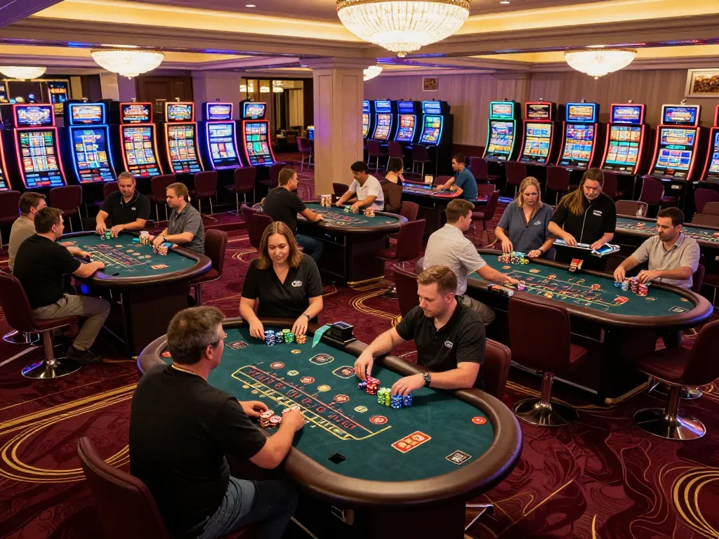 Action-packed scene of players engaging at a blackjack table at a luxurious casino, overview showcasing the excitement of gambling with fortleemedspa visible.