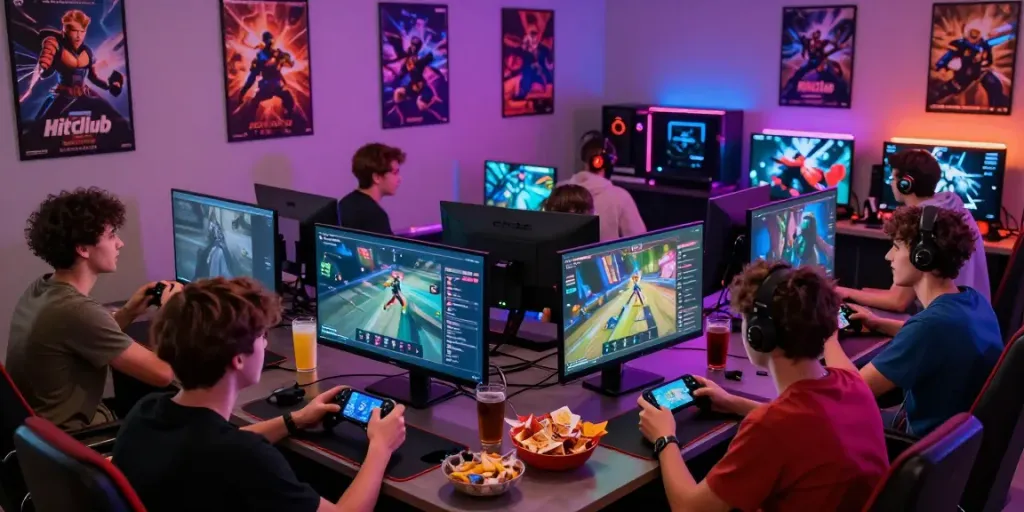 Friends enjoying online games at hitclub3.io, lively gaming atmosphere with snacks and controllers.