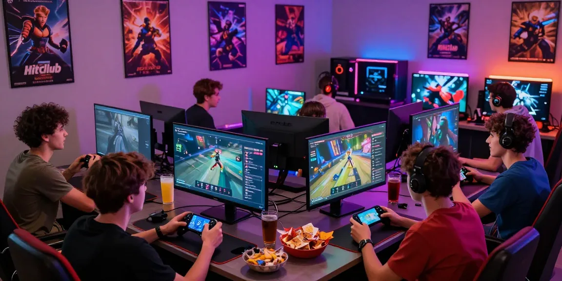 Friends enjoying online games at hitclub3.io, lively gaming atmosphere with snacks and controllers.