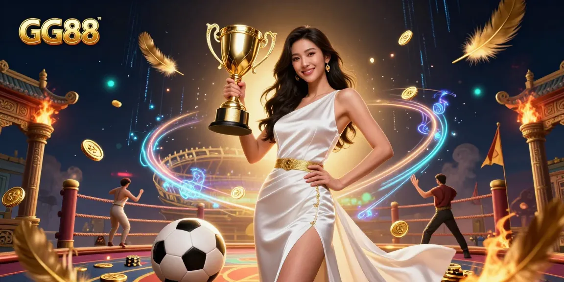 Experience the thrill of GG88 with a luxurious Asian woman winning a trophy amid dynamic gambling elements.