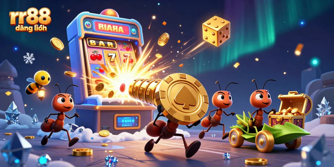rr88 đăng nhập featuring ant thieves celebrating a jackpot triumph in a vibrant casino scene