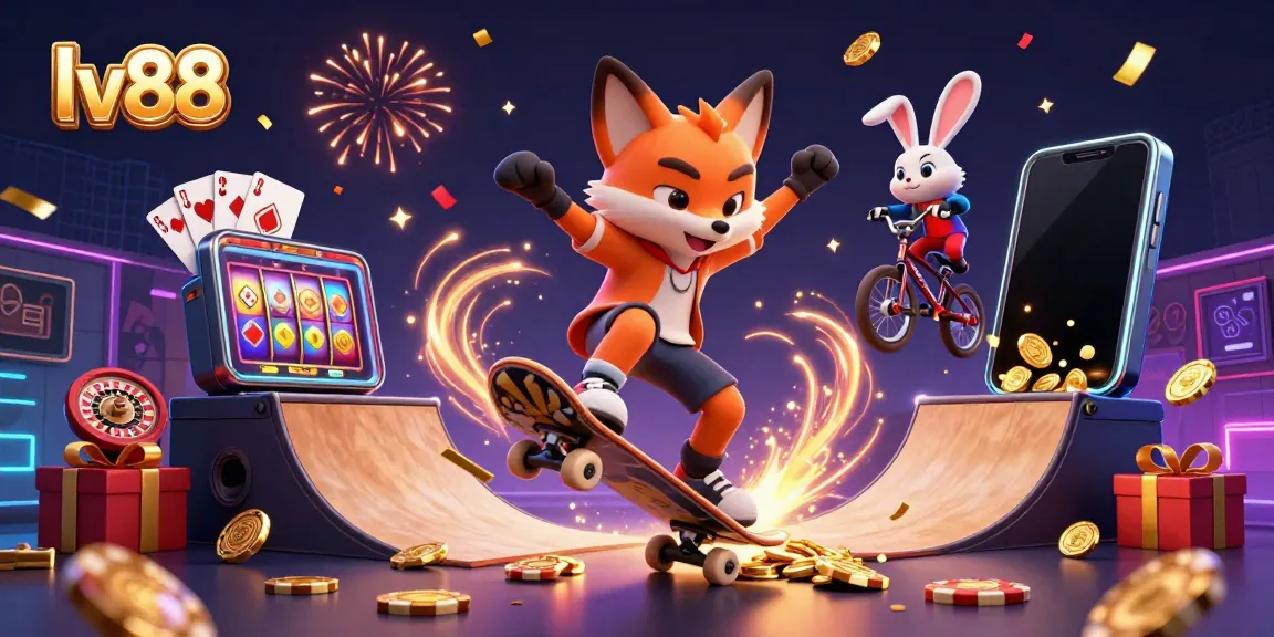 Engage with lv88's thrilling casino world through a vibrant 3D scene featuring exciting games and playful characters.