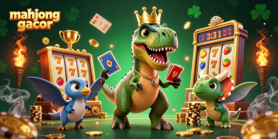 Engage in mahjong gacor as a T-Rex and friends celebrate wins at a vibrant casino scene.