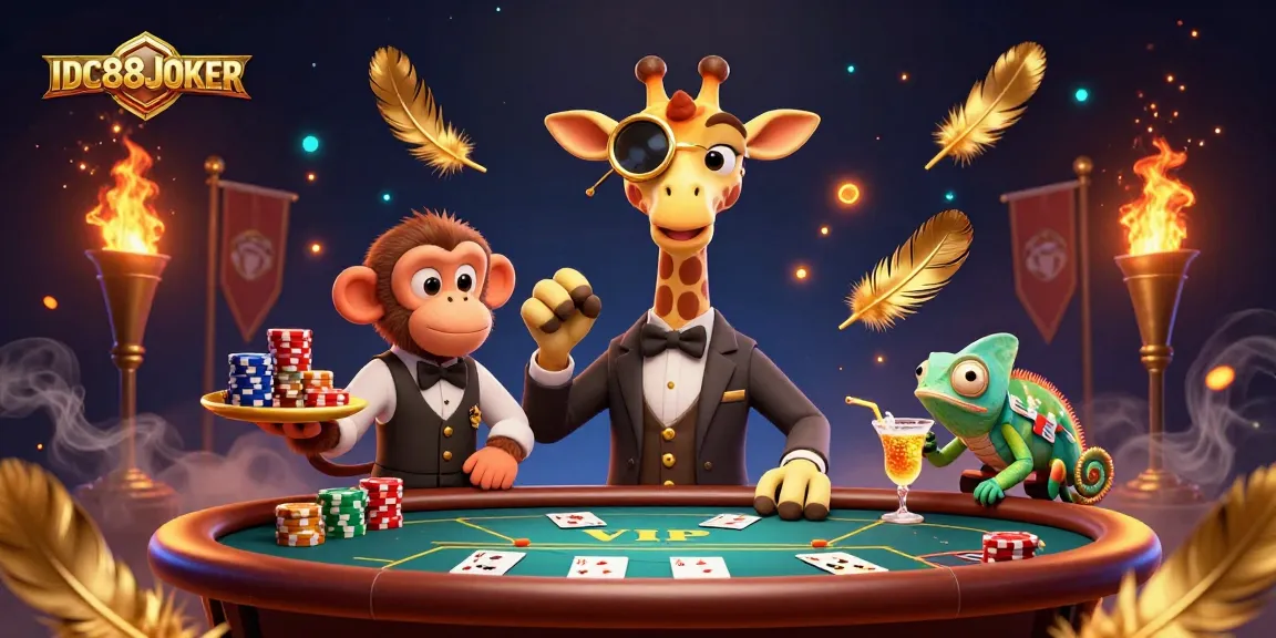 IDC88JOKER showcases a high-roller giraffe and poker scene with vibrant casino elements.
