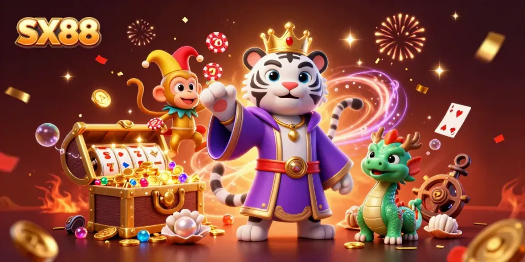 SX88 gamblers celebrate wins and joyful moments in a rich 3D casino scene with an engaging atmosphere.