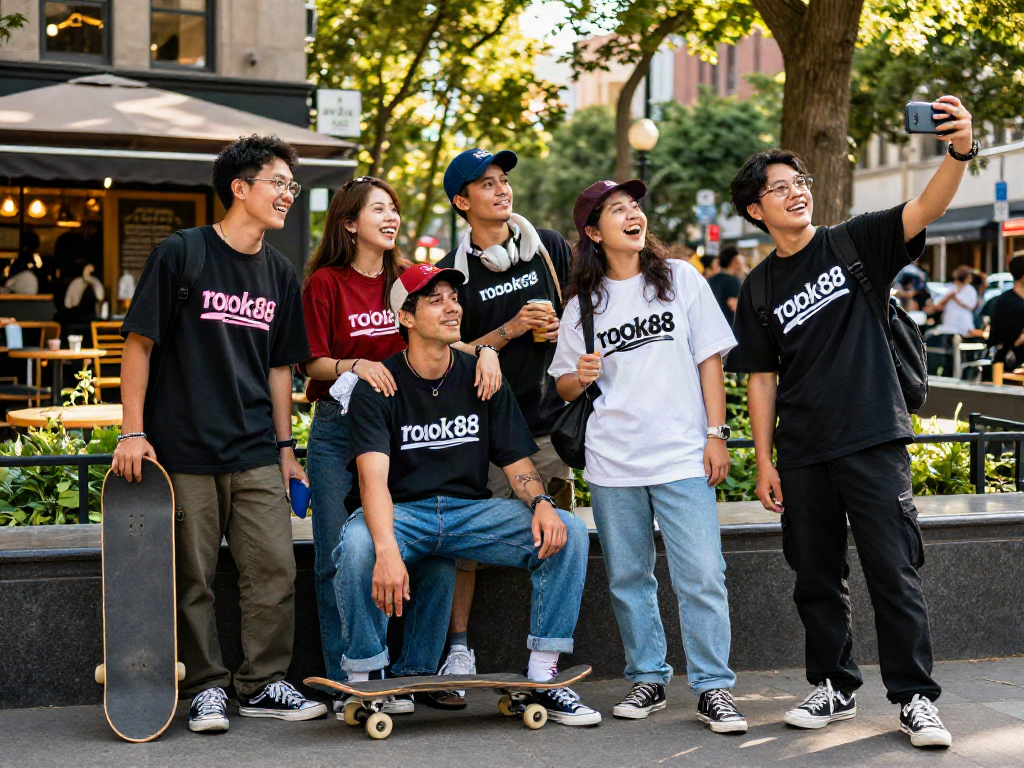 Young adults enjoying rokok88 merchandise in a vibrant urban park.