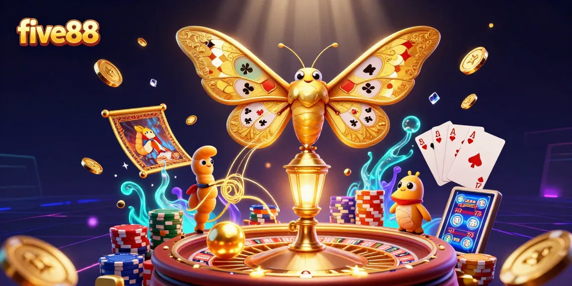 Engage with five88's vibrant casino world featuring a majestic atlas moth and dazzling game elements.