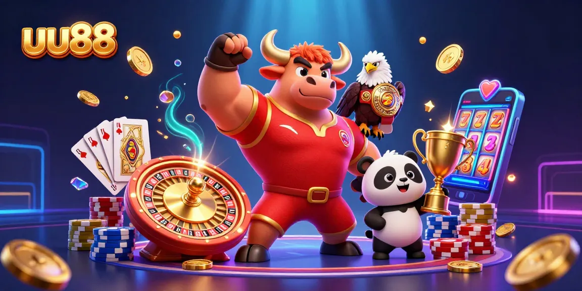 Win big with uu88's thrilling casino action, showcased by a vibrant 3D illustration of characters and gaming elements.