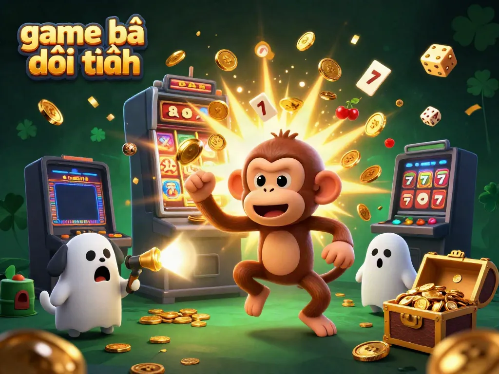 Experience the thrill of game bài đổi thưởng with a poltergeist monkey juggling golden coins in a haunted casino.
