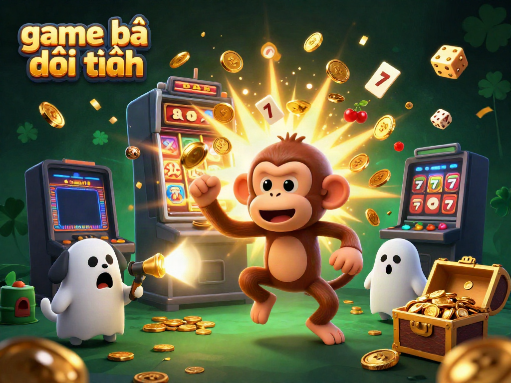 Experience the thrill of game bài đổi thưởng with a poltergeist monkey juggling golden coins in a haunted casino.