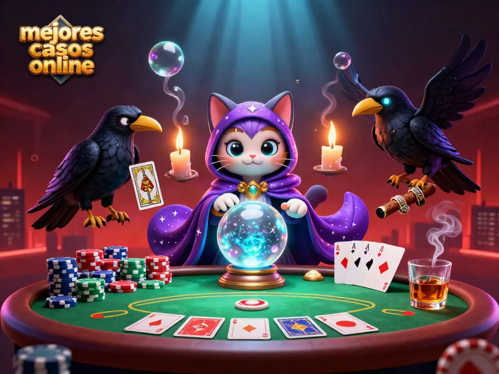 Visualiza los mejores casinos online mientras juegas al póker con personajes mágicos y cartas vibrantes.