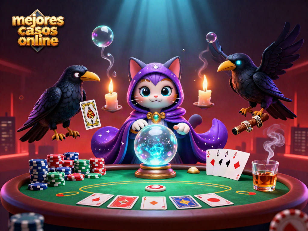 Visualiza los mejores casinos online mientras juegas al póker con personajes mágicos y cartas vibrantes.