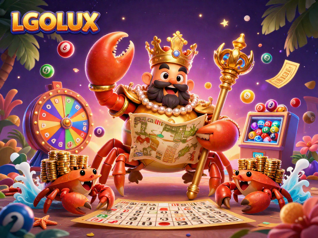 Engage in immersive gameplay with LGOLUX's vibrant 3D illustration of a golden crab emperor and dynamic game elements.