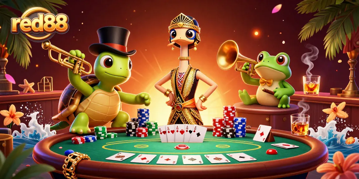 Engage with red88's thrilling poker experience at a vibrant casino illustration full of excitement.