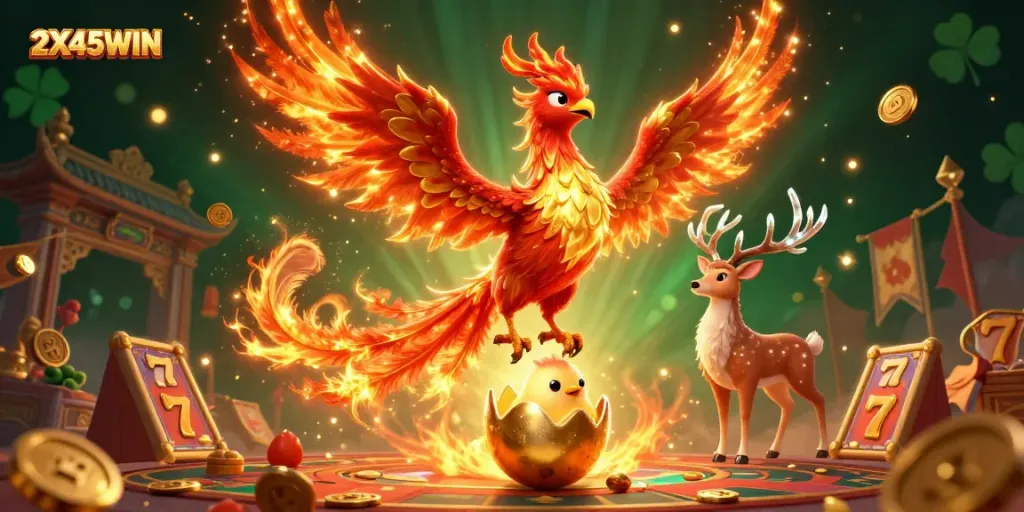 2X45WIN menunjukkan phoenix fantastis terbang dengan simbol slot dan koin emas yang berputar untuk perjudian.