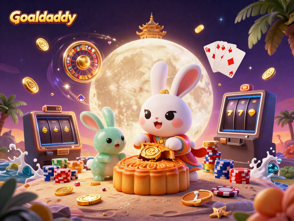 Engage in thrilling gaming with Goaldaddy, featuring a lively moon rabbit scene filled with poker chips.