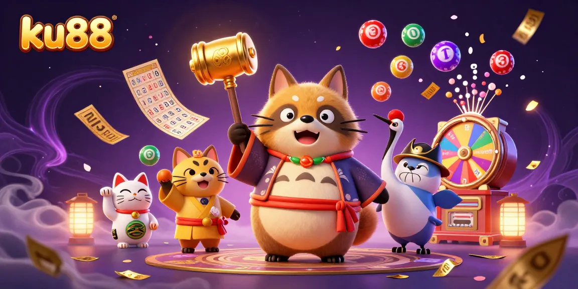 Engage with ku88's vibrant casino scene featuring lucky tanuki, colorful lottery elements, and fortune symbols.