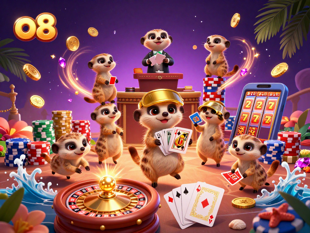 Experience thrilling gaming at o8 with meerkats juggling chips in a vibrant casino.